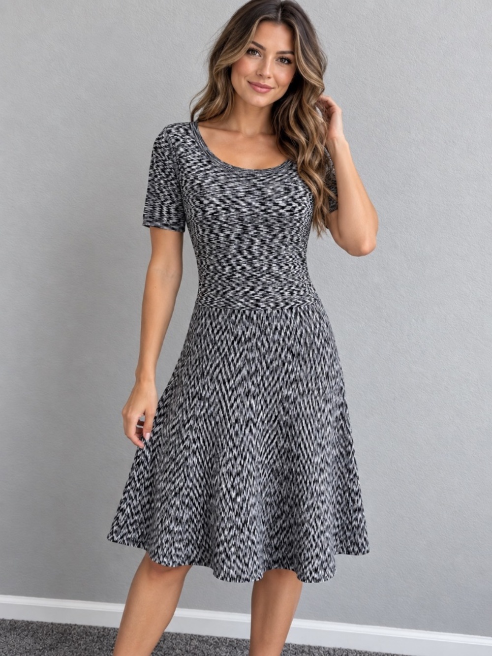Ann Taylor Petite Marled Knit Fit & Flare Dress Black White Size SP Small Petite